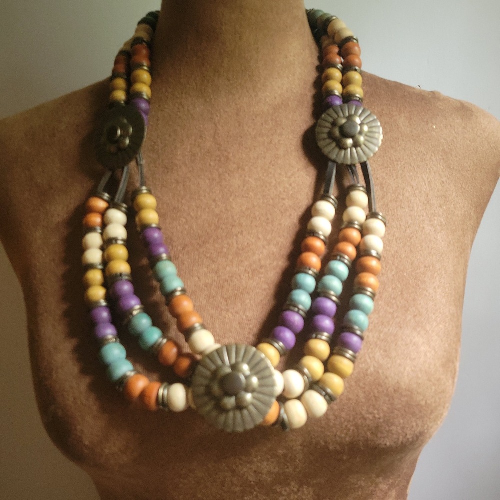 Multicolor Wood Bead Triple Strand Statement Necklace Adjustable Size L Eclectic